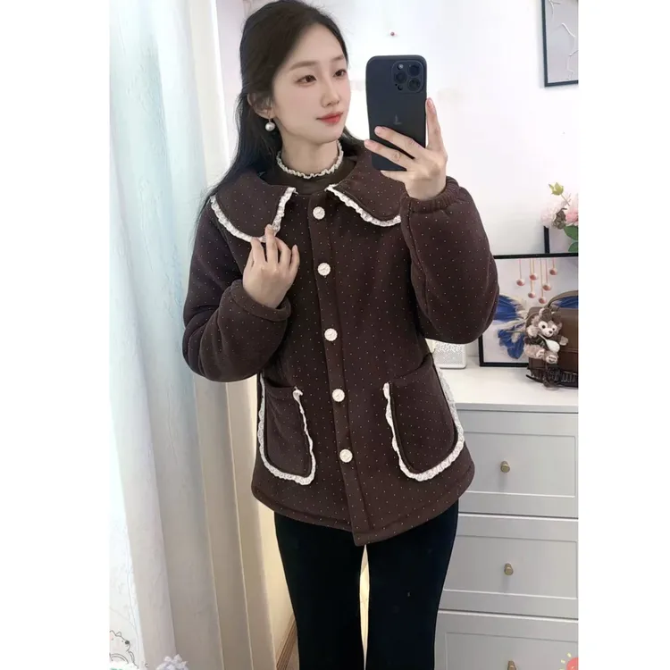 冬季小香风碎花《翻领款》加绒加厚保暖女家居服上衣+黑色棉裤套装