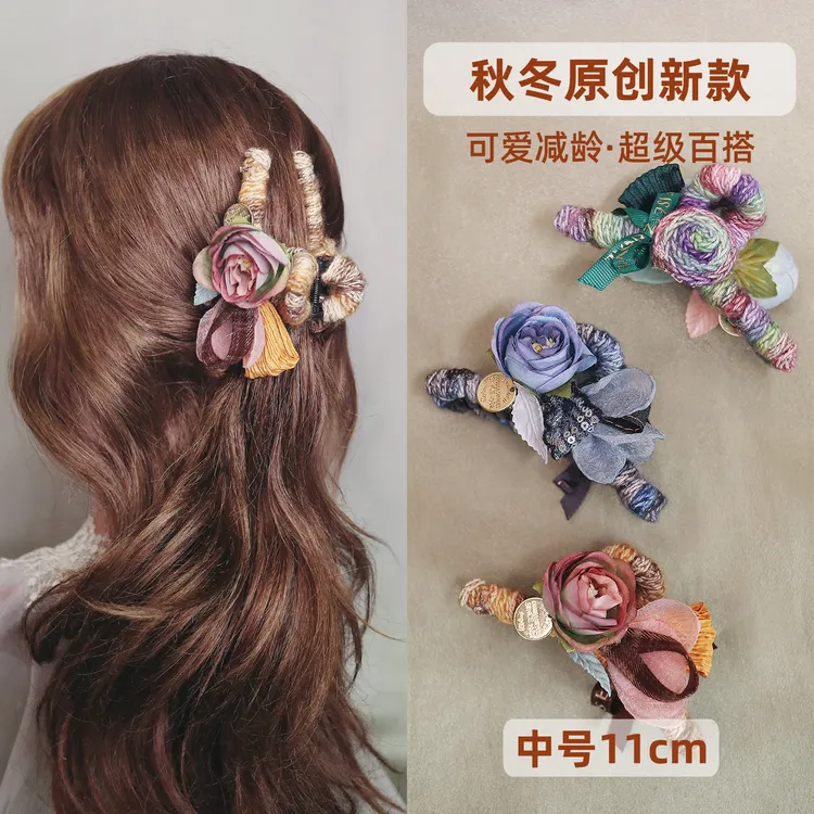 原创高档彩色花朵抓夹秋冬新款高级感鲨鱼夹盘发独特布艺发抓头饰