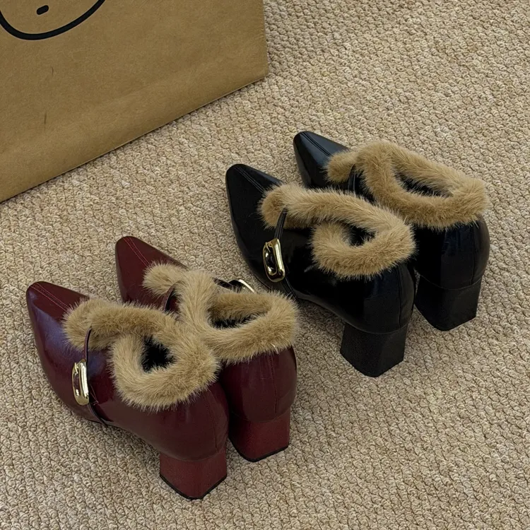 晚睡兰·内增高10cm高跟毛毛鞋女冬外穿方头漆皮气质小个子粗跟鞋