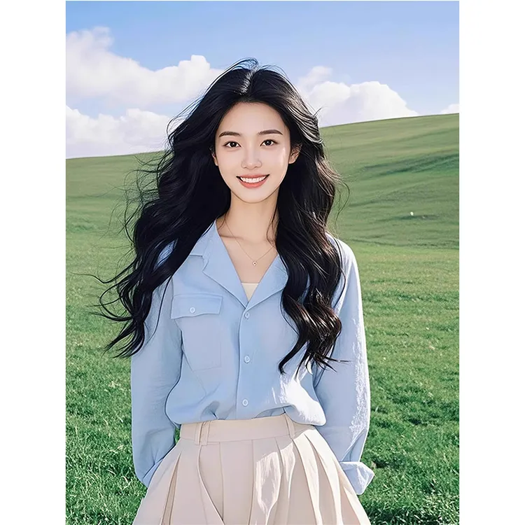 法式蓝色polo长袖衬衫女款2025年春季新款高级感轻奢减龄洋气衬衣