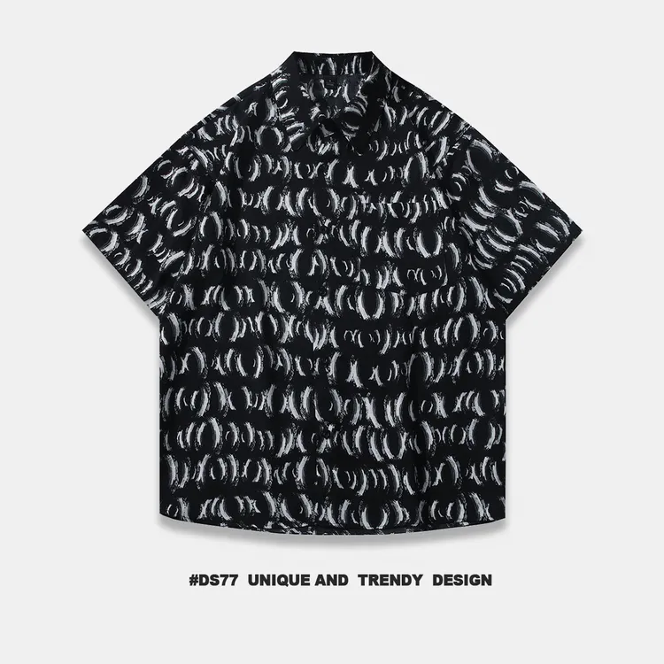 夏季新款韩版宽松短袖衬衫涂鸦休闲百搭男士痞帅速干薄款冰丝衬衫