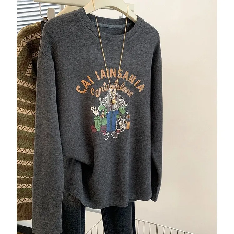 2025新款小个子欧货灰色圆领套头长袖t恤女秋冬宽松磨毛打底上衣