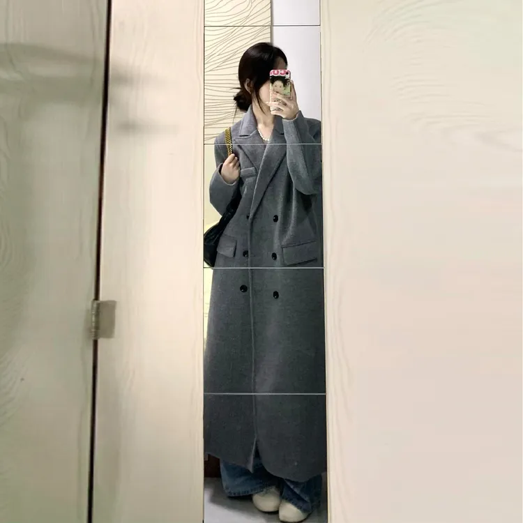 灰色正肩呢子大衣女中长款2025秋冬新款高级感休闲加厚毛呢外套