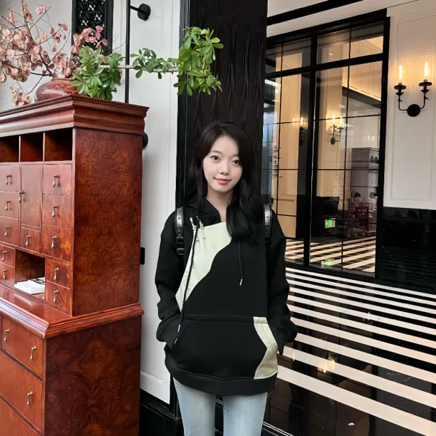 夕马乐 | 藏式拼接连帽卫衣-休闲时尚加绒长袖卫衣秋冬女装斜襟