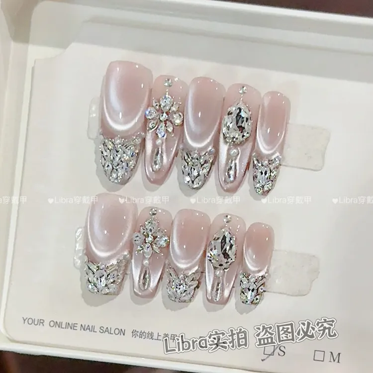 【铂金丝绸】纯手工高定猫眼手工穿戴甲气质美甲百搭高级款银色大钻