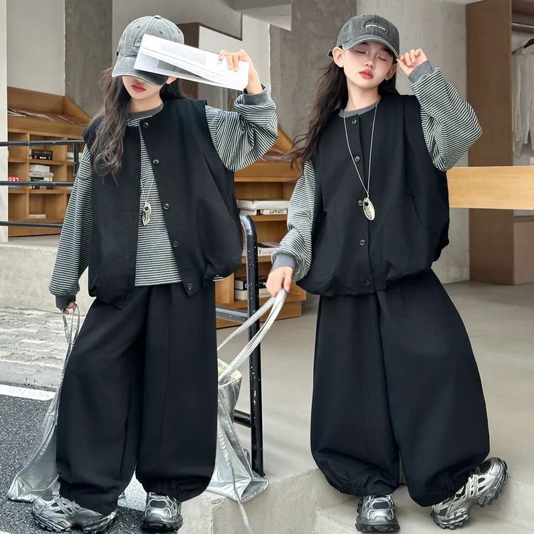 女童秋装网红套装2025年款衣服儿童春秋款休闲时尚潮款马甲三件套