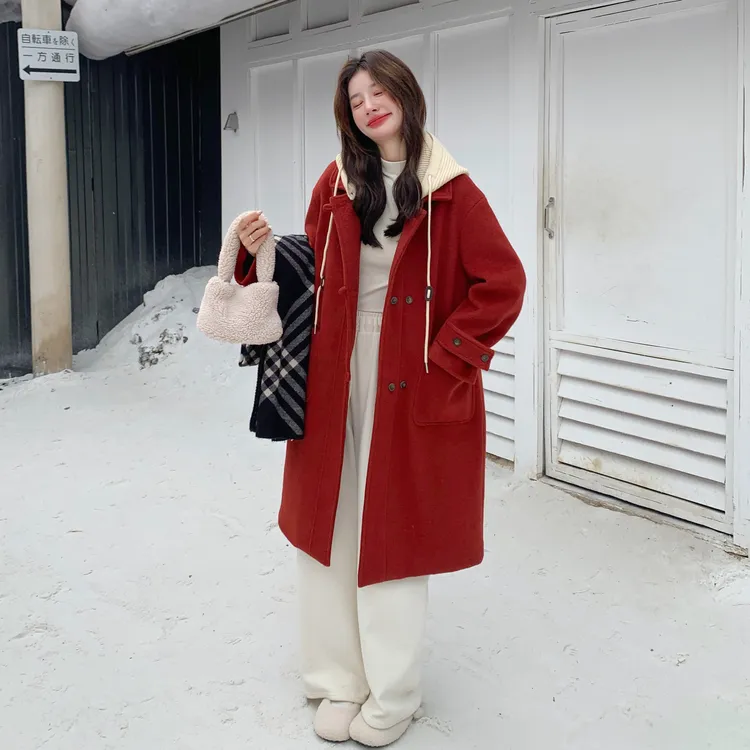 新年红针织连帽厚羽绒服外套女2025冬季新款长款过膝90绒毛呢大衣