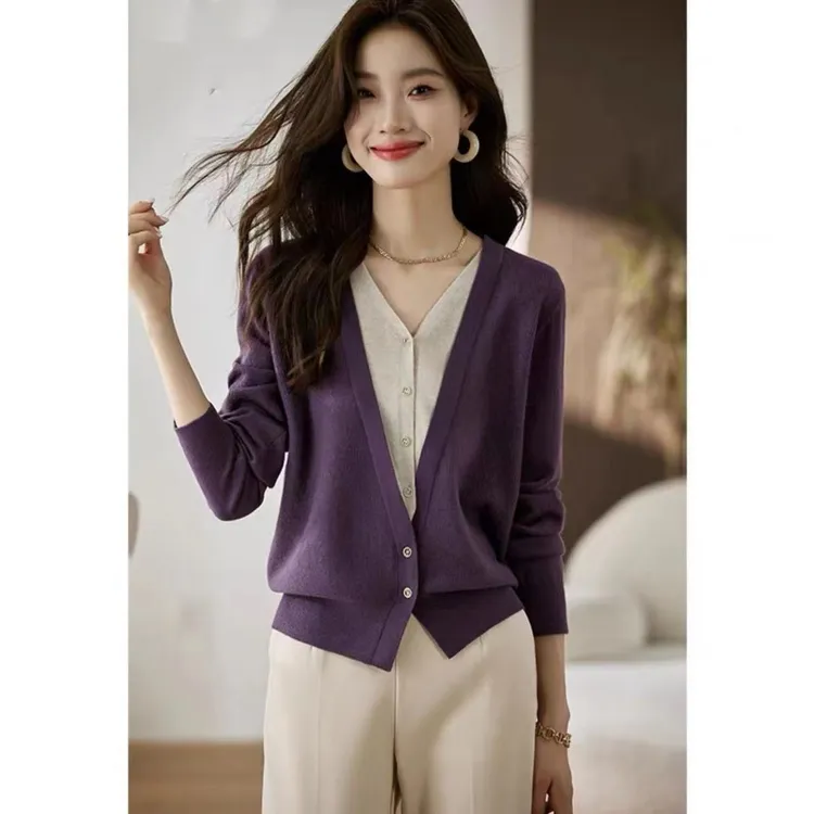 SS2483假两件拼色针织开衫女2025秋高级感小个子外搭短款毛衣外套