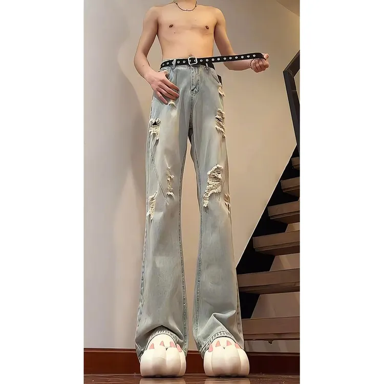 美式高街破洞牛仔裤男款夏季痞帅vibe设计感裤子显瘦直筒微喇长裤