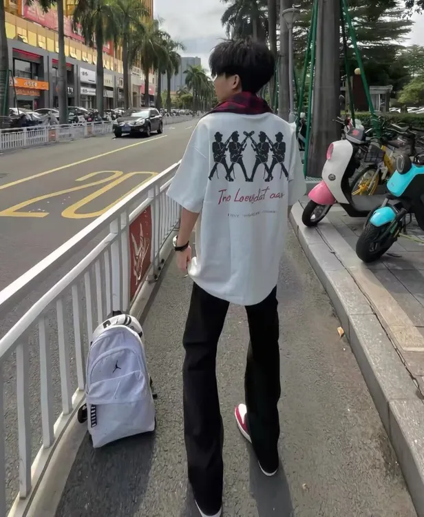 印花夏季美式休闲短袖落肩袖T恤polo衬衫情侣学院风