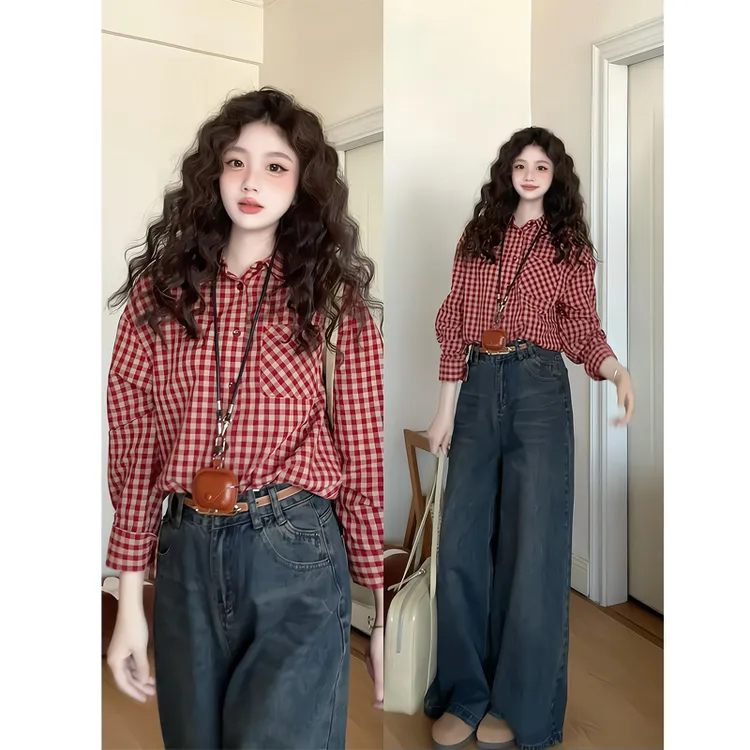 红色衬衫2025Polo领格子长袖复古上衣阔腿牛仔裤宽松垂感长裤子女