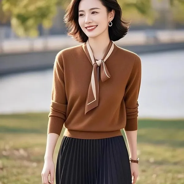 春秋咖色系带蝴蝶结修身打底衫女新款欧货高级感洋气内搭长袖上衣