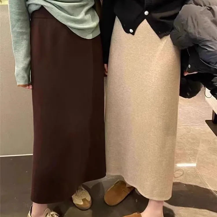 一体绒加厚针织半身裙女秋冬款直筒高腰开叉包臀冬裙a字显瘦长裙