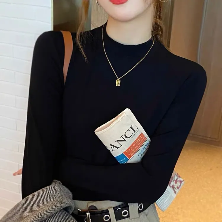 半高领纯色百搭时尚打底衫女士打底衫高弹秋冬长袖上衣