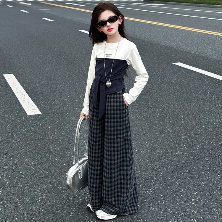 女童春秋季休闲套装2025新款女孩大童洋气秋装打底衫阔腿裤两件套