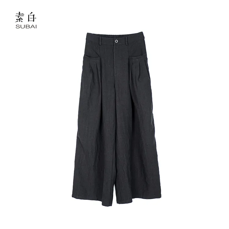 素白潮流【街拍裤】P00766时尚百搭口袋松紧腰亚麻显瘦阔腿休闲裤