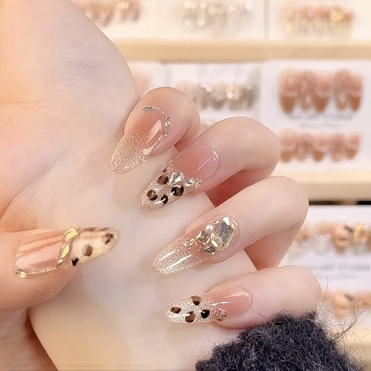 【落日鎏金2.0】手工穿戴甲豹纹猫眼美甲气质显白流行百搭