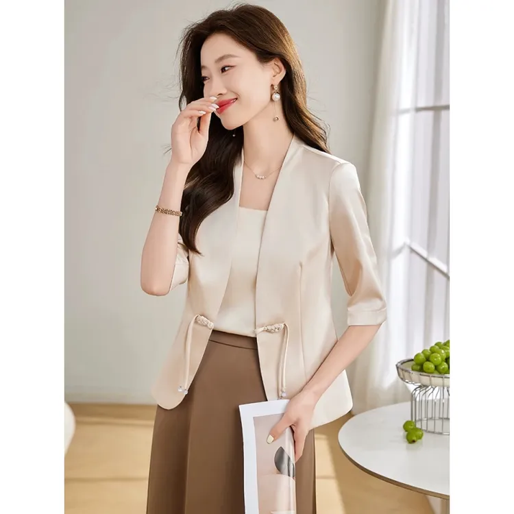 醋酸缎面小西装外套女2025新款夏季薄款新中式国风上衣七分袖西服