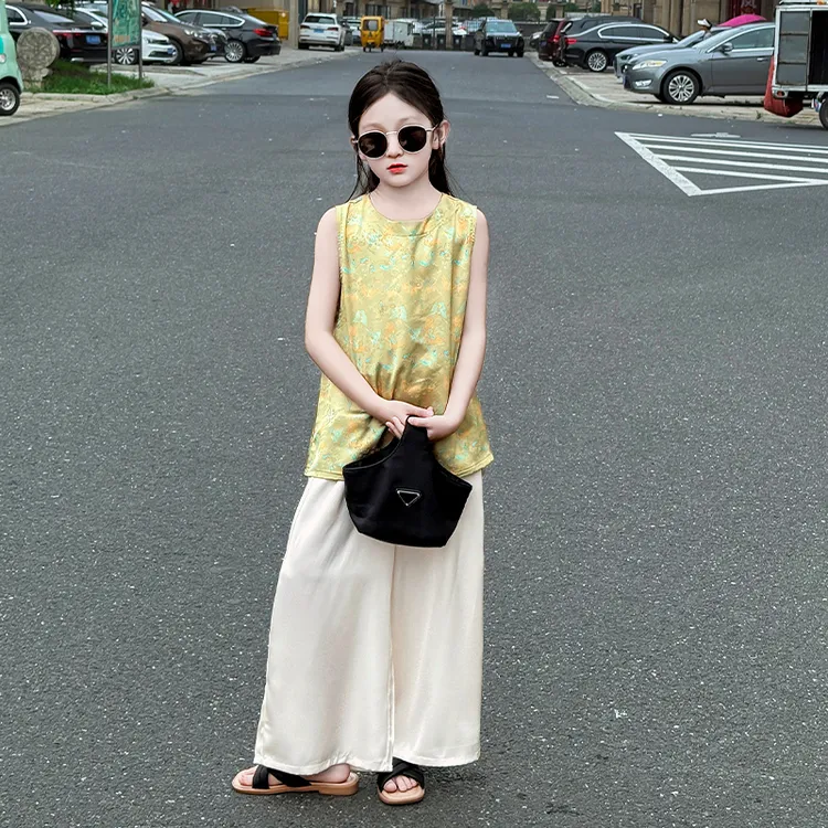 女童2025夏季新款时尚新中式国风旗袍上衣休闲宽松直筒裤两件套潮