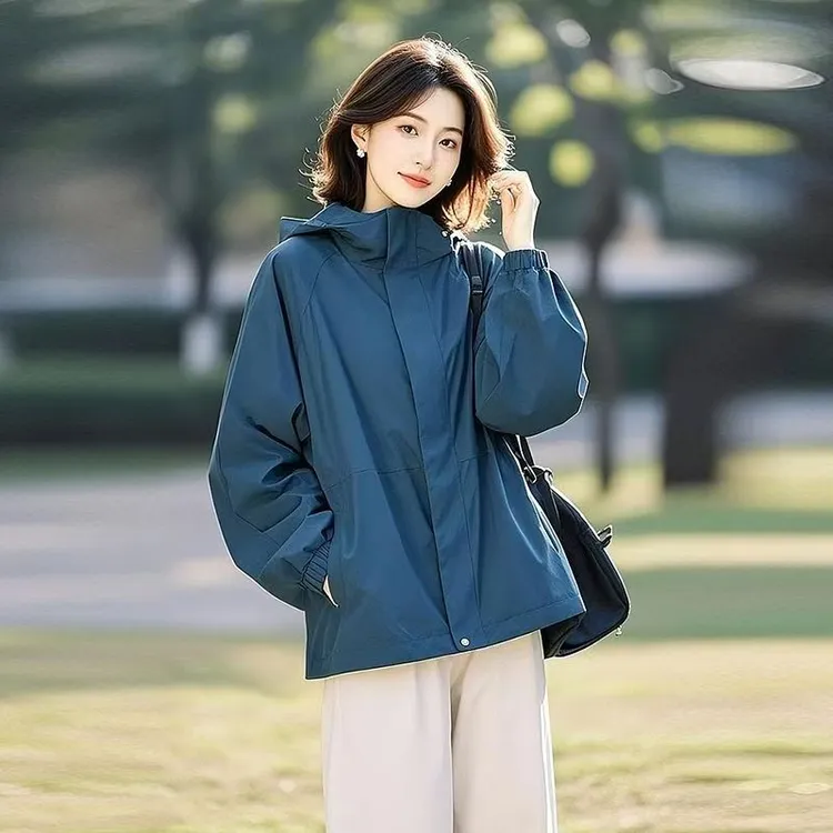 蓝色连帽外套女2025超火减龄开春高级感百搭韩系休闲酷飒拽姐短款