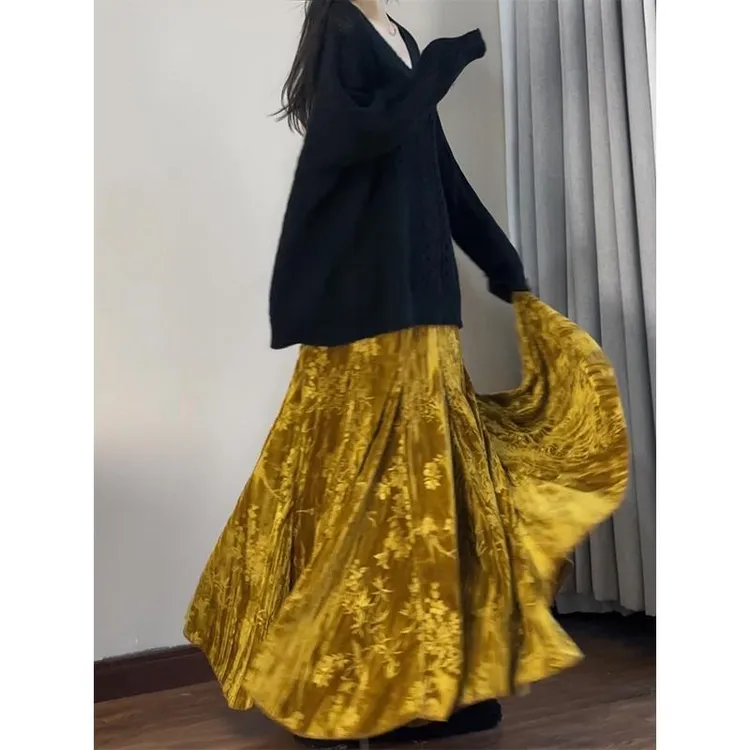 国风穿搭中式老钱风丝绒裙秋冬新款高腰显瘦加长大裙摆鱼尾半身裙