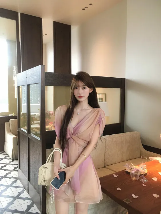 霓裳羽衣 温柔气质设计感深V晕染色纯欲风连衣裙收腰显瘦性感短裙