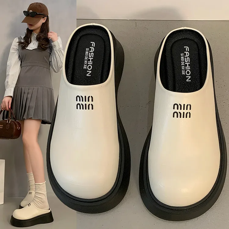 网红复古皮面包头半拖鞋女2025新款外穿松糕厚底勃肯鞋休闲ins潮