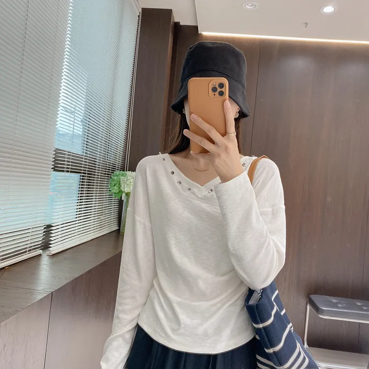 IMFLY金小金自制女装 T恤DYW9621早秋设计感气质褶皱V领打底上衣