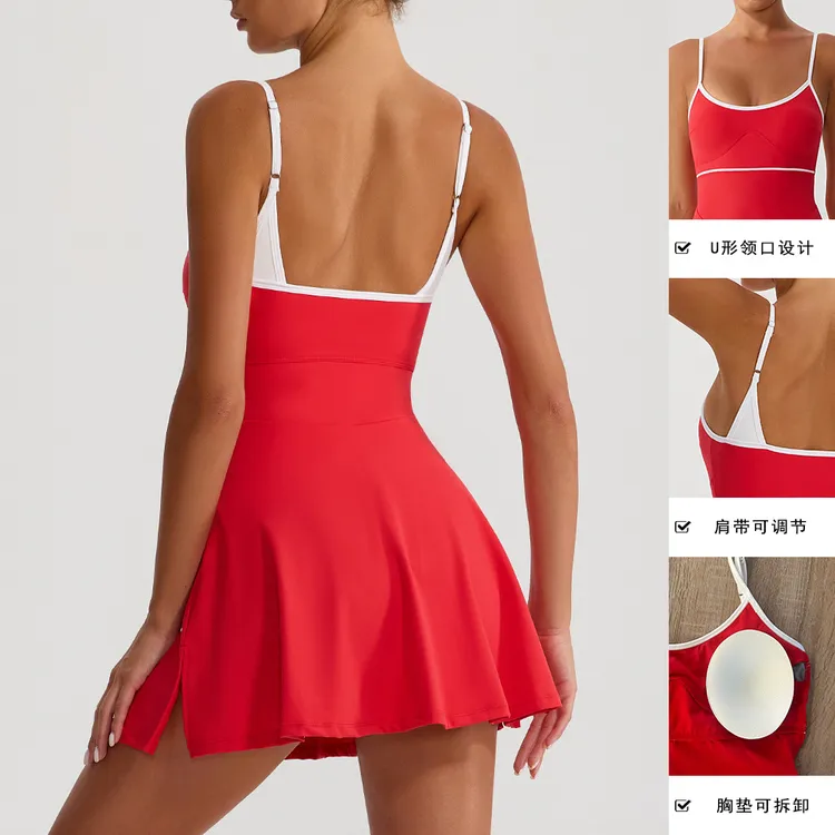 撞色网球裙连衣裙内带胸垫防走光打底网球裙美背调节肩带短裙