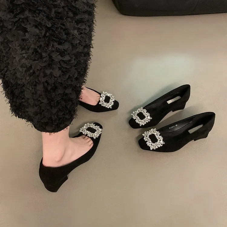 UHCK法式粗跟气质单鞋女鞋子2025新款加绒黑色水钻高级感晚晚风通