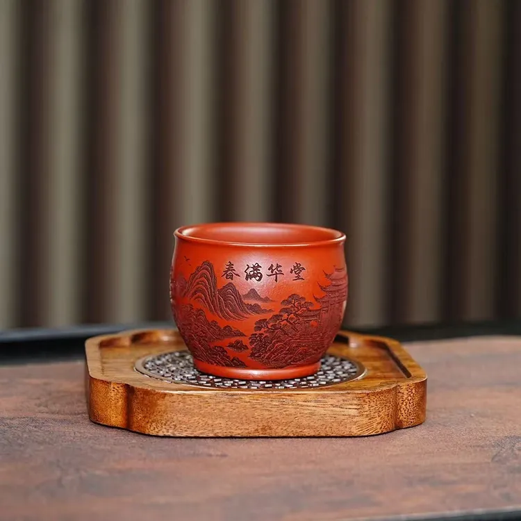 宜兴原矿紫砂鸡血大红袍全手工刻绘春满华堂主人杯高端品茗杯