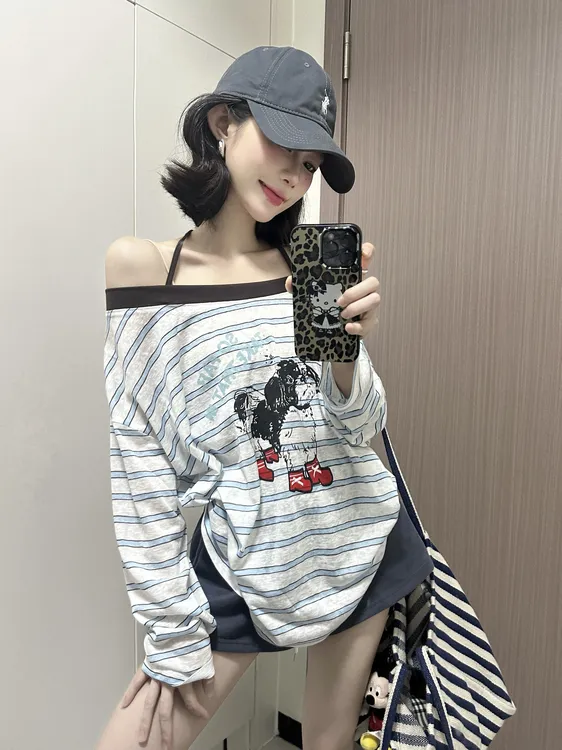 辣椒酱 蓝色条纹挂脖一字肩防晒罩衫轻薄宽松慵懒风夏季长袖T恤