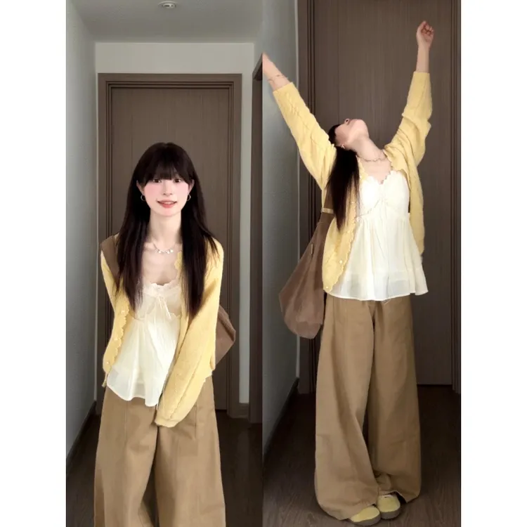 MARIE.COCO甜美风穿搭秋季新款黄色长袖开衫蕾丝边吊带背心阔腿裤
