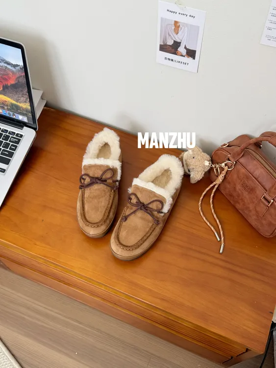 MANZHU.冬季老钱风棕色豆豆鞋 意式乐福鞋雪地鞋S251019