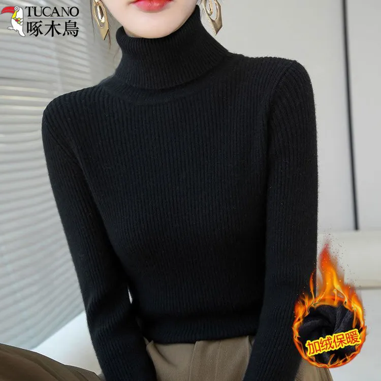 啄木鸟秋冬新款一体绒高领毛衣女通勤加绒内搭保暖修身打底针织衫