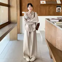 韩系休闲套装女2025秋季新款时尚条纹拼接假两件上衣阔腿裤三件套