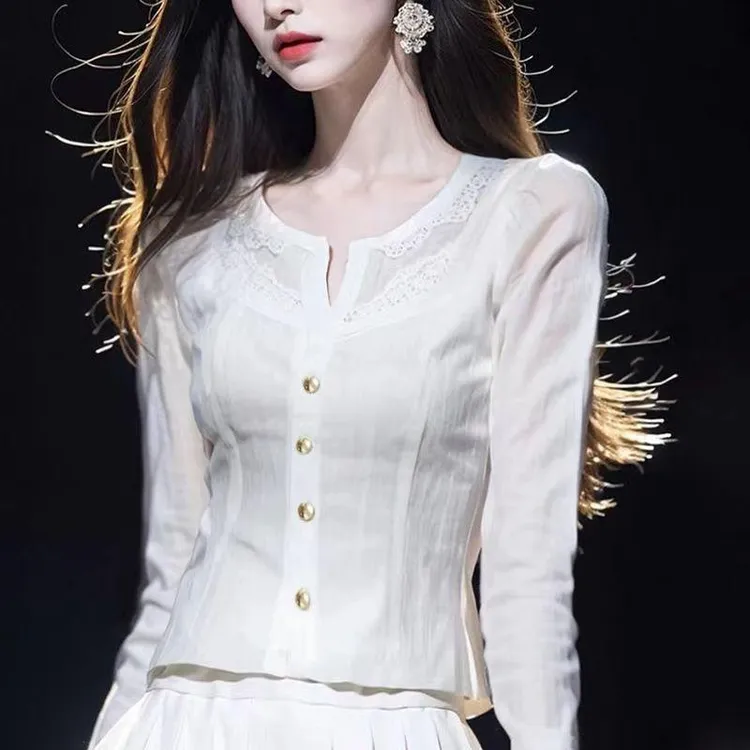 法式时尚蕾丝衬衫女长袖秋季新款小衫洋气高端上衣收腰遮肚子衬衣