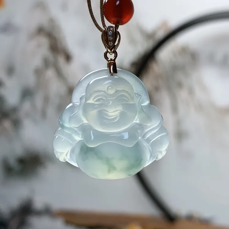 缅甸翡翠A货佛公冰种飘绿蓝花18k金镶嵌时尚精致女士吊坠