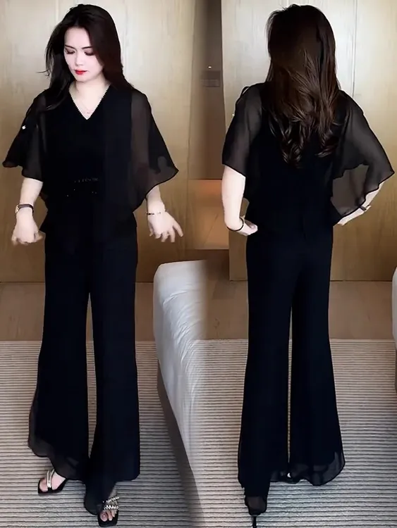 时尚洋气雪纺套装女夏季新款V领收腰显瘦短袖上衣阔腿裤两件套潮