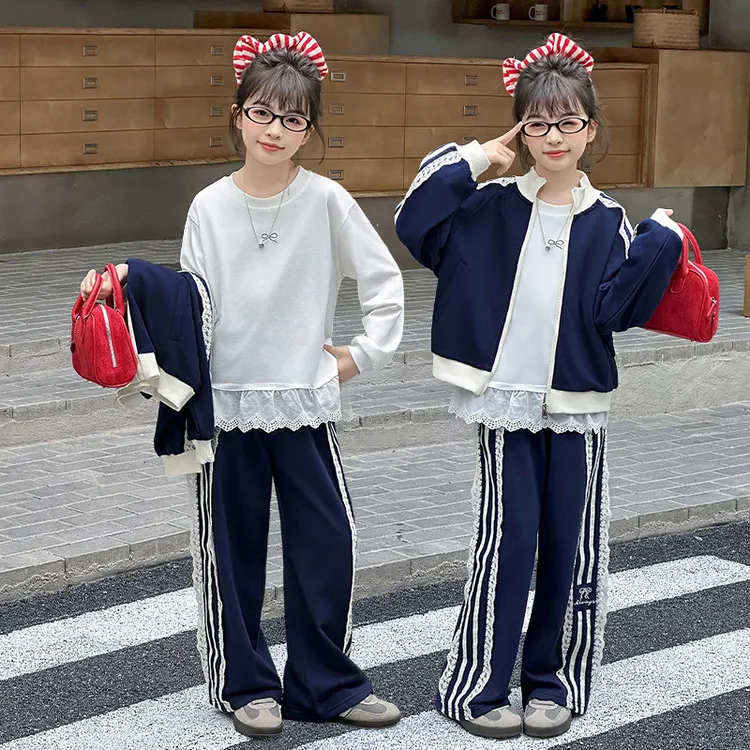 女童秋季套装2025新款大童韩系女孩花边打底衫拉条休闲卫衣三件套