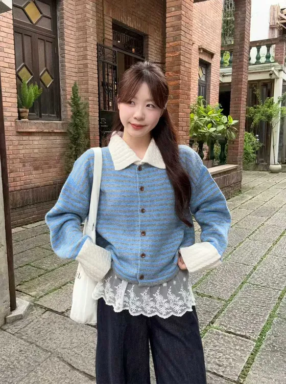 小香风条纹polo领长袖毛衣针织衫女早秋季慵懒松弛感穿搭外套上衣