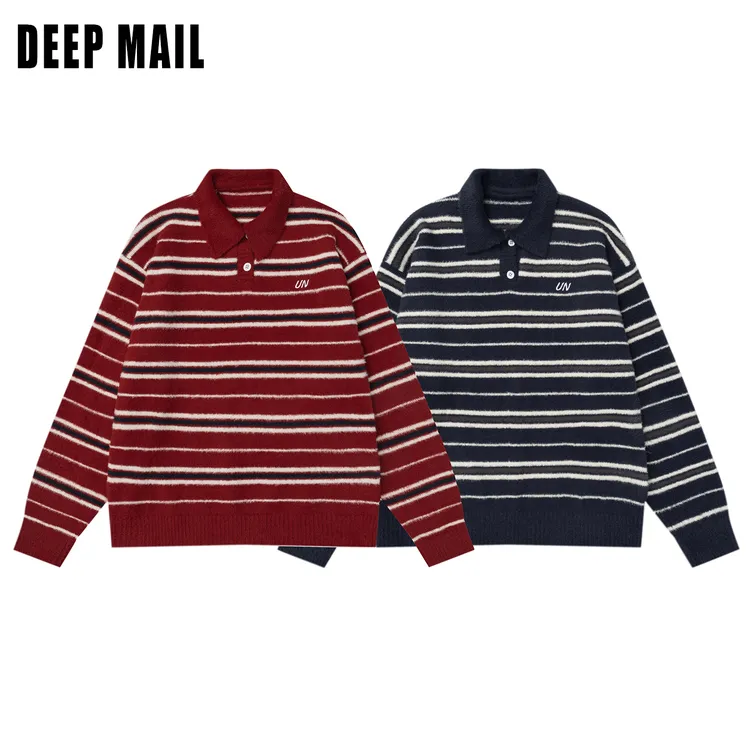 DEEPMAIL 翻领条纹刺绣毛衣男女同款情侣款针织套头衫