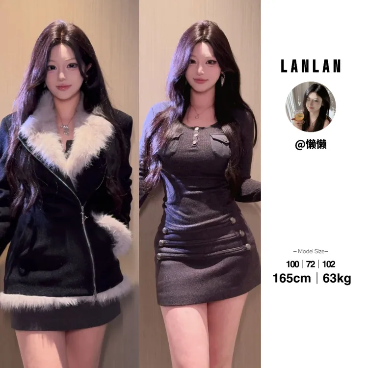 Lanlan-【雅趣灵魂】时尚显瘦上衣半身裙两件套辣妹法式灰色套装