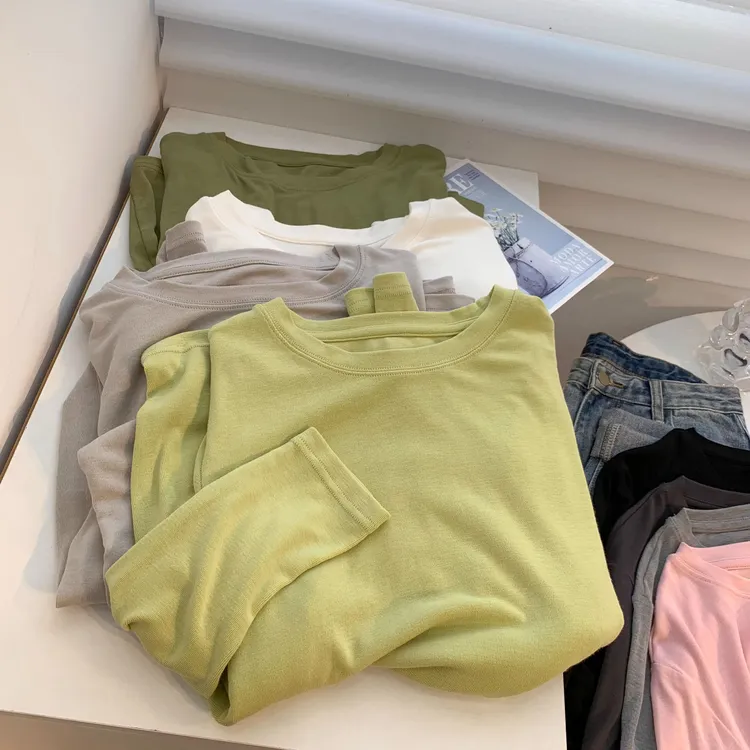 柔软糯米纯色圆领长袖打底衫女春秋新款简约舒适百搭圆领上衣女潮