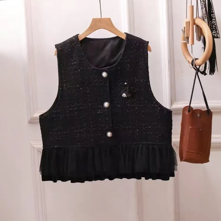 新中式国风小香风马甲女上衣宽松百搭减龄荷叶边大码设计感坎肩胖