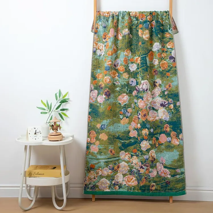 【油画玫瑰】全棉四层纱布浴巾75*150沙发巾休闲毯披肩毯柔软吸水