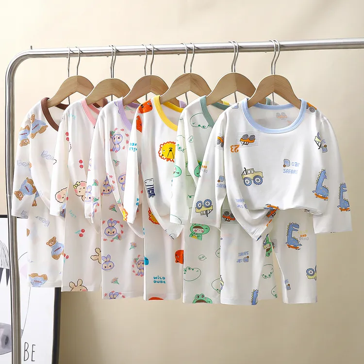 儿童艾草莫代尔无骨空调服中大童长袖优可丝睡衣家居服夏季薄款