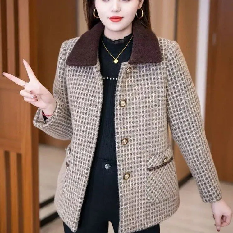 气质妈妈装格子西装外套2025春新款中年女士小个子显瘦短款上衣女