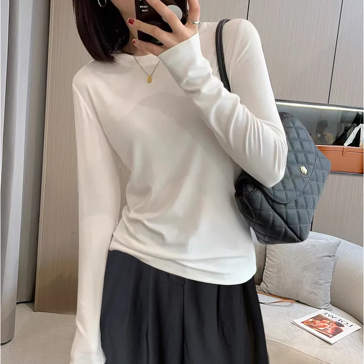 简约长袖t恤女2025春秋韩版女装白色打底衫纯色内搭圆领体恤上衣