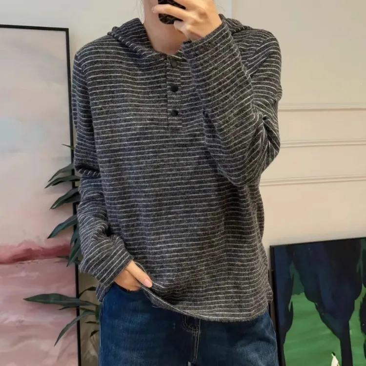 宽松显瘦慵懒风长袖上衣秋冬新款大码女装时尚条纹连帽套头卫衣女